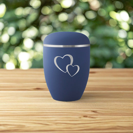 Naturfaser Urne Doppelherz blau silber