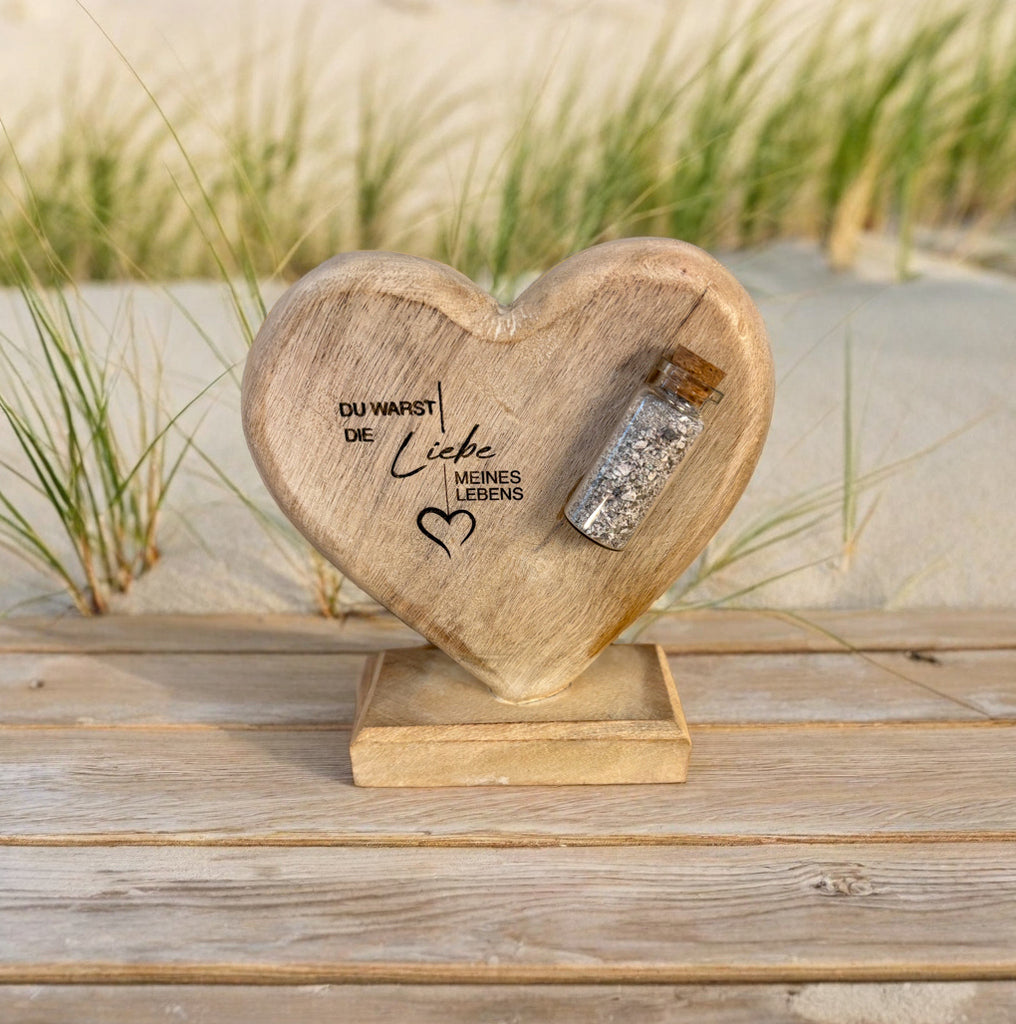 Erinnerungsholzherz mit Standfuß und Erinnerungsbottle