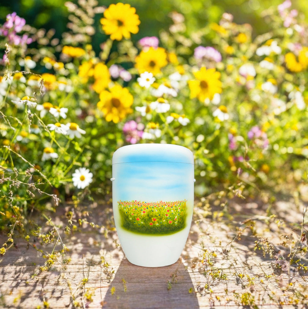 Urne bunte Wiesenblumen