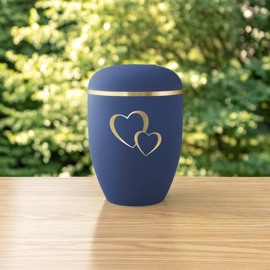Naturfaser Urne Doppelherz blau gold