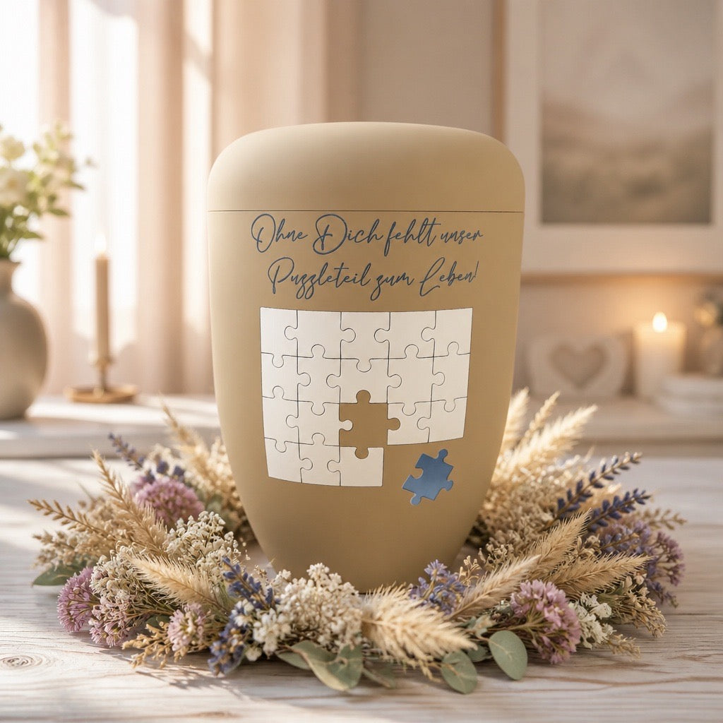 Urne - Gedenkurne „Unser Puzzleteil zum Leben“ Sandfarben